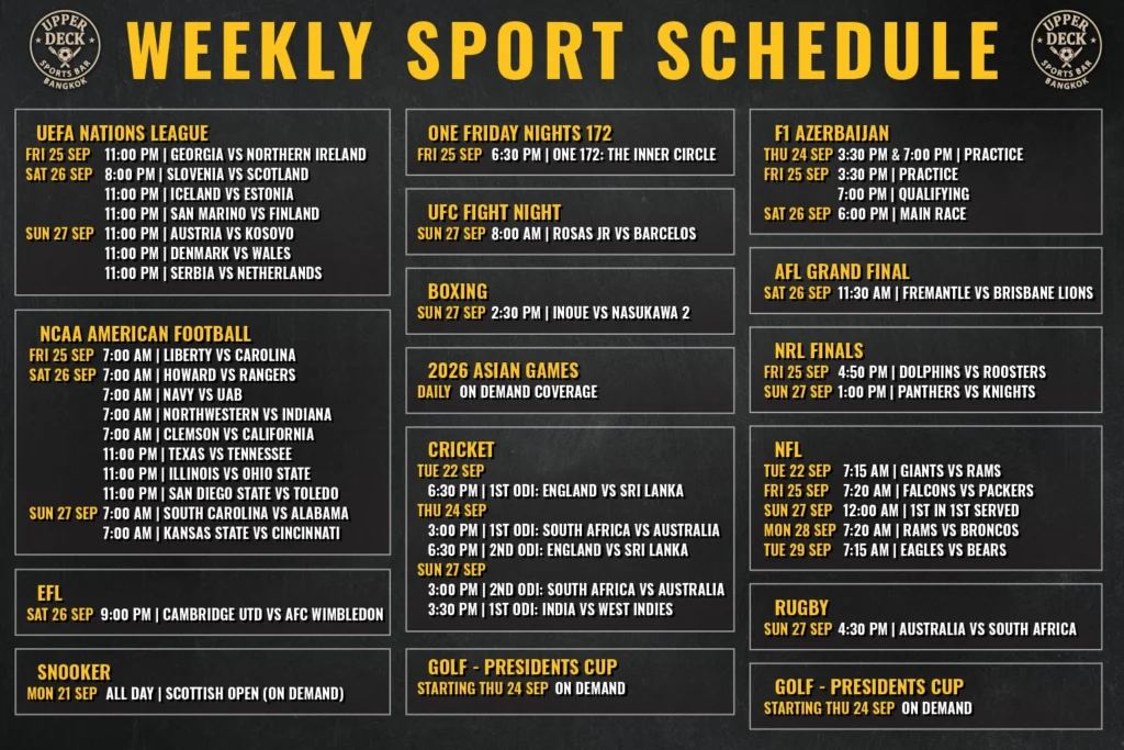 Weekly live sports schedule graphic at The Upper Deck Sports Bar in Sukhumvit Soi 20 Bangkok featuring AFL Grand Final, F1 Azerbaijan GP, and NRL Finals.