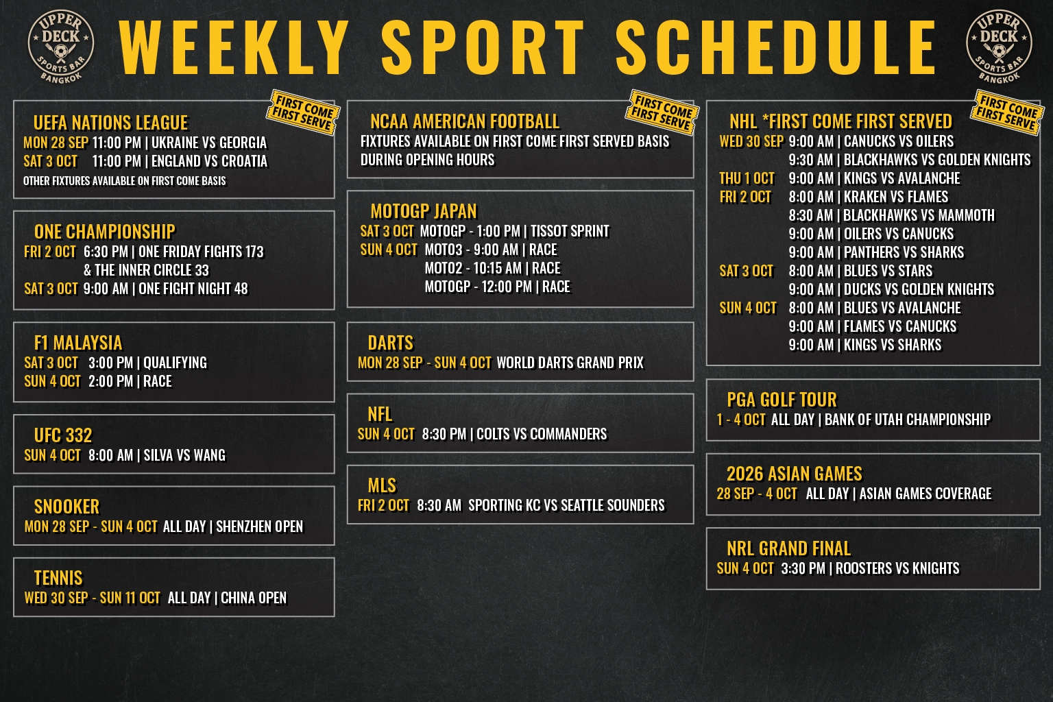 Weekly live sports schedule graphic at The Upper Deck Sports Bar in Sukhumvit Soi 20 Bangkok featuring the NRL Grand Final, UFC 332, F1 Malaysia, and MotoGP