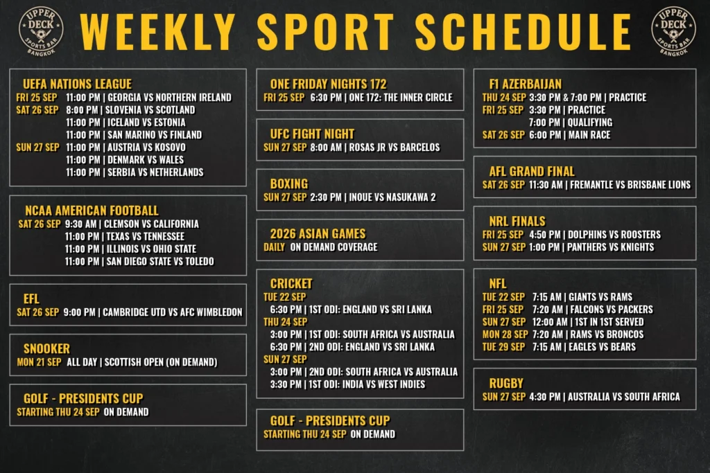 Weekly live sports schedule graphic at The Upper Deck Sports Bar in Sukhumvit Soi 20 Bangkok featuring AFL Grand Final, F1 Azerbaijan GP, and NRL Finals.