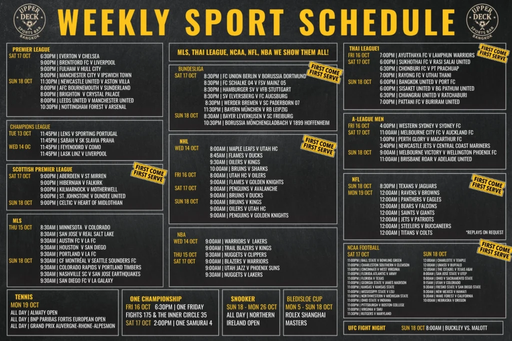 Weekly live sports schedule graphic at The Upper Deck Sports Bar in Sukhumvit Soi 20 Bangkok featuring Premier League, Champions League, UFC, and the Bledisloe Cup