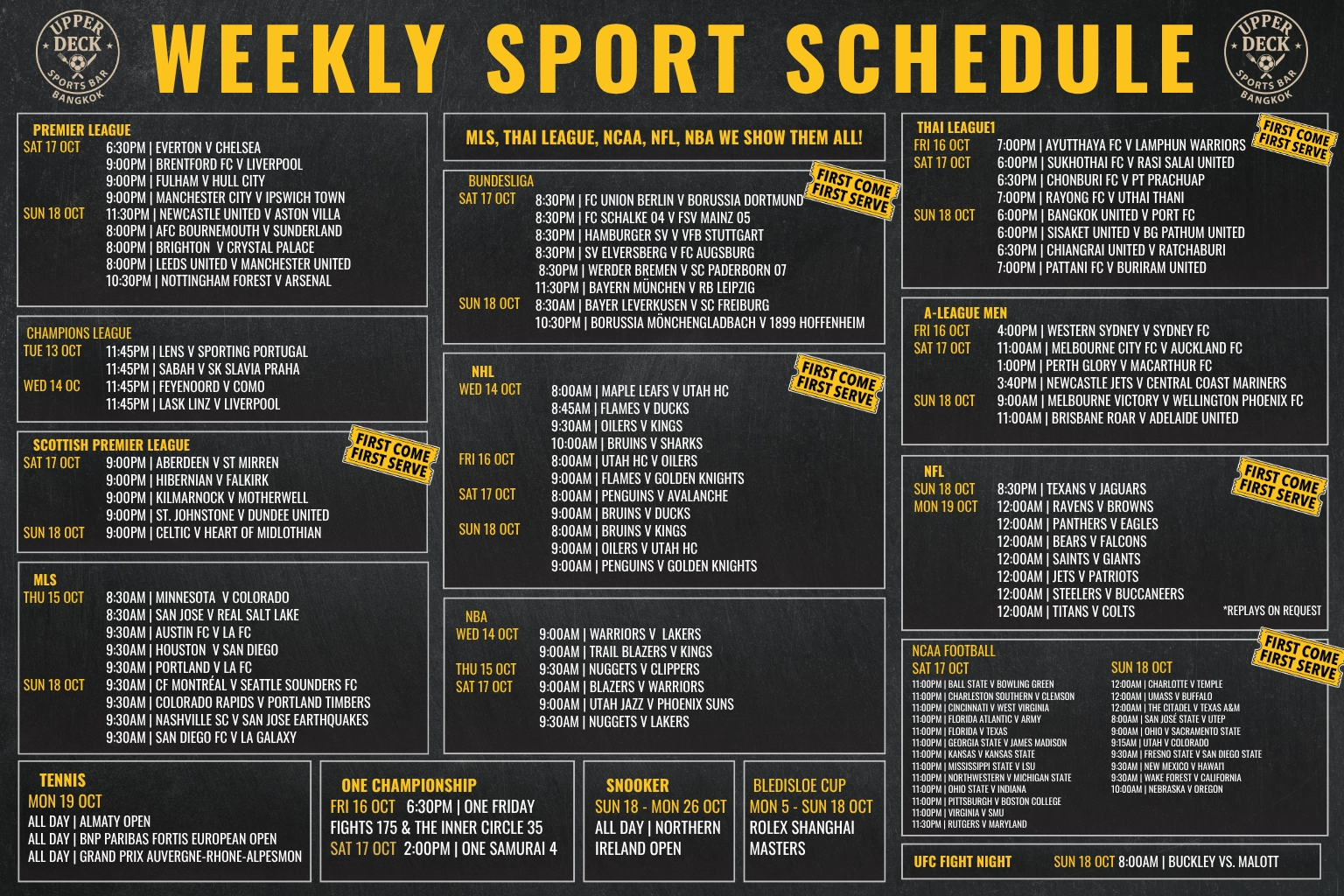 Weekly live sports schedule graphic at The Upper Deck Sports Bar in Sukhumvit Soi 20 Bangkok featuring Premier League, Champions League, UFC, and the Bledisloe Cup