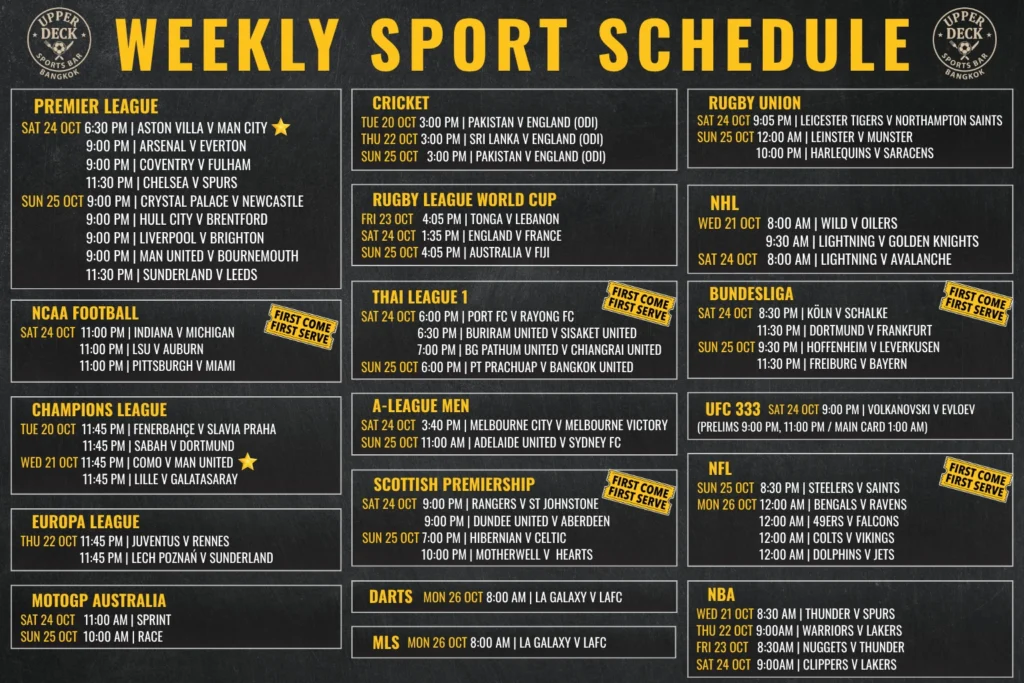 Weekly live sports schedule graphic for The Upper Deck Sports Bar in Sukhumvit Soi 20 Bangkok featuring UFC 333, Premier League, Champions League, and MotoGP Australia