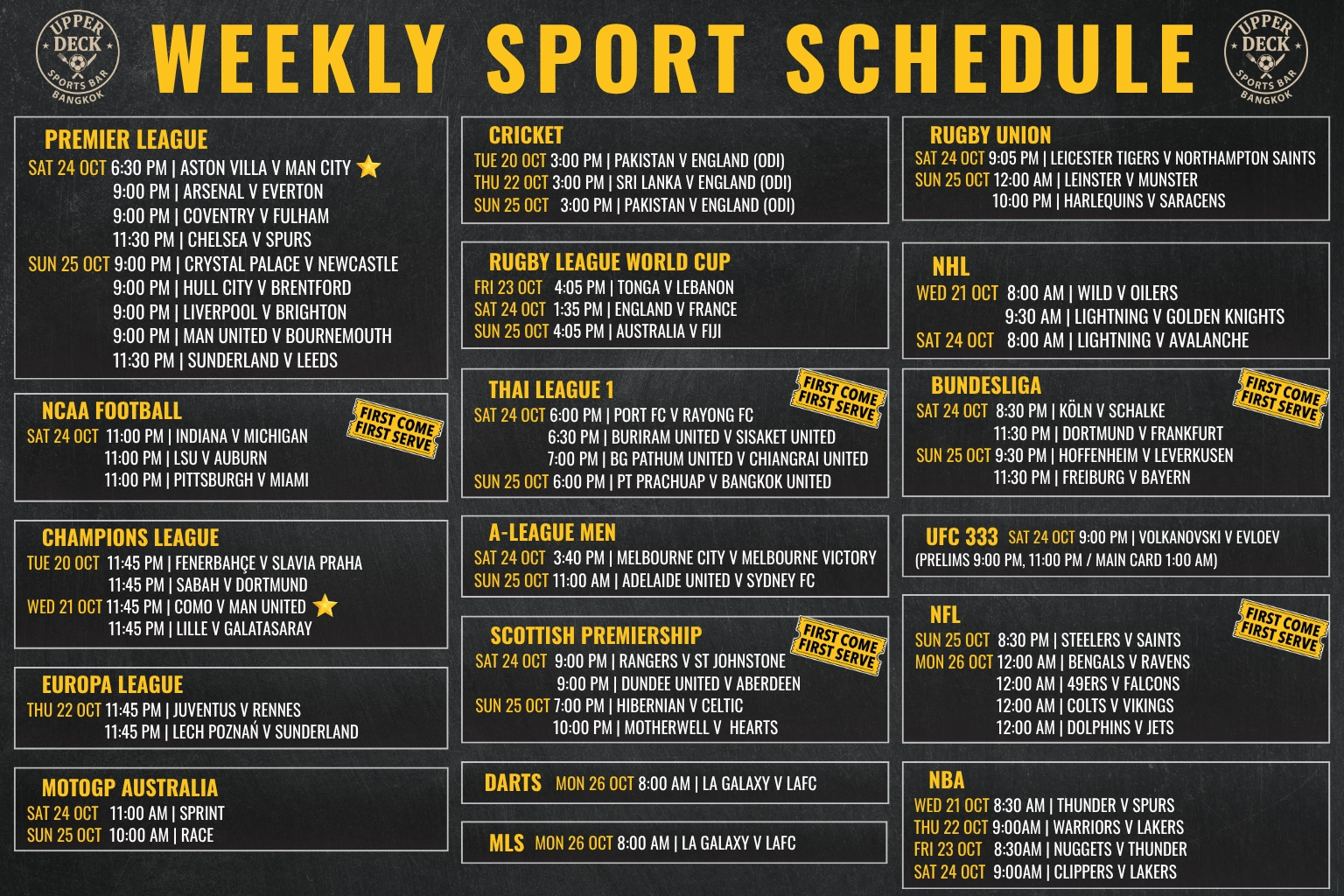 Weekly live sports schedule graphic for The Upper Deck Sports Bar in Sukhumvit Soi 20 Bangkok featuring UFC 333, Premier League, Champions League, and MotoGP Australia