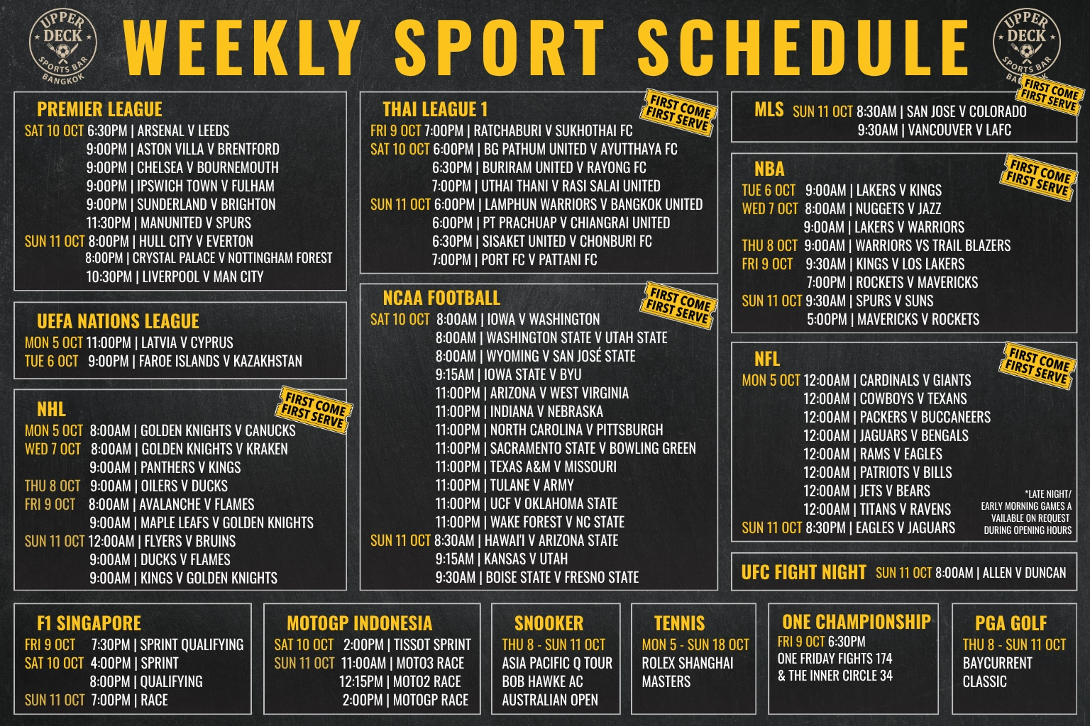 Weekly live sports schedule graphic at The Upper Deck Sports Bar in Sukhumvit Soi 20 Bangkok featuring F1 Singapore, UFC Fight Night, Premier League, and MotoGP.